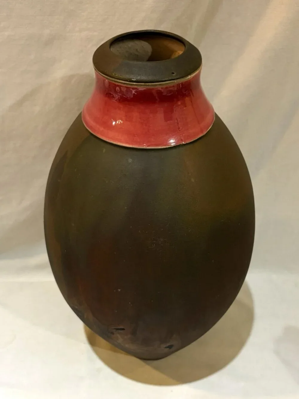 Raku Pottery Olive Shaped Vase 13.5 inch Tall with Red Glazed Collar